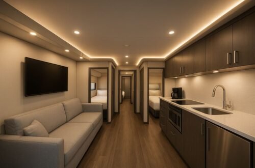 Luxury 2 bedroom super sleeper truck interior with kitchen and lounge area