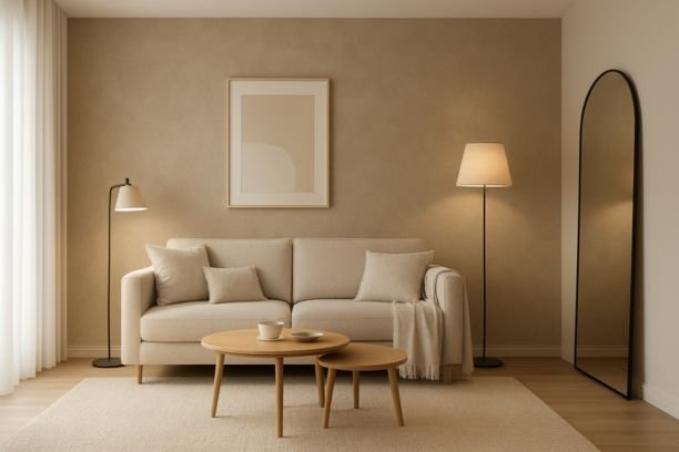 Living room with a modern accent wall, minimal artwork, layered textures, and natural lighting reflecting decorator advice