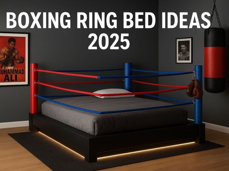 Classic red and blue boxing ring bed in a modern bedroom with padded posts, triple ropes, and sports-themed wall décor.