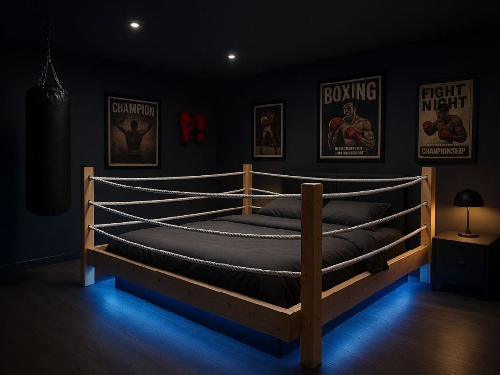 Full boxing-themed bedroom with a ring-style bed, punching bag, gloves décor, and LED lighting.