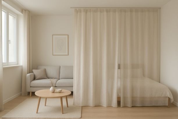 Ceiling-mounted linen curtains dividing a small studio apartment into two separate zones.
