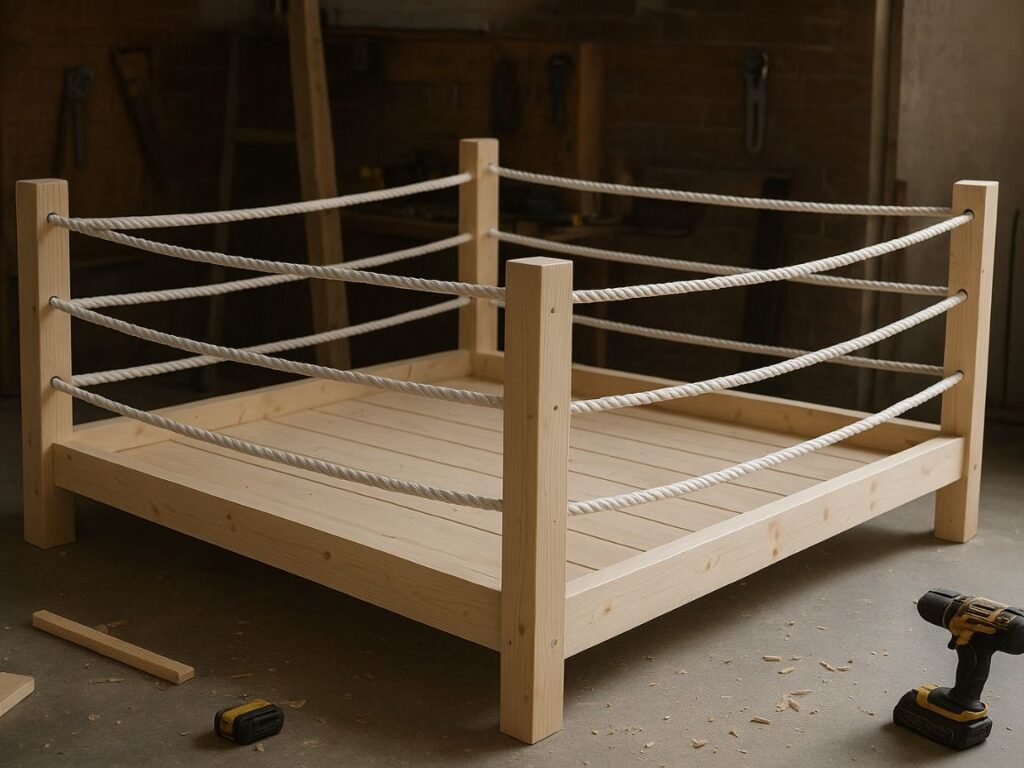 DIY boxing ring bed made from wooden posts and handmade rope frame in a workshop setting.
