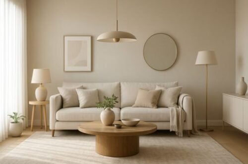 Modern living room showcasing 2025 decorator advice with neutral colors, layered textures, elegant lighting, and cohesive home styling