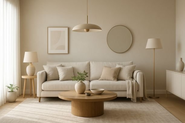 Modern living room showcasing 2025 decorator advice with neutral colors, layered textures, elegant lighting, and cohesive home styling