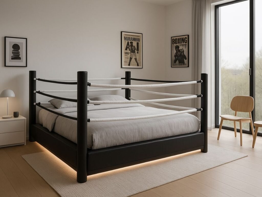 Minimalist black and white boxing ring bed with sleek posts and LED lighting in a modern, clean bedroom.