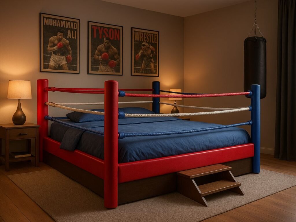 Minimalist black and white boxing ring bed with sleek posts and LED lighting in a modern, clean bedroom.