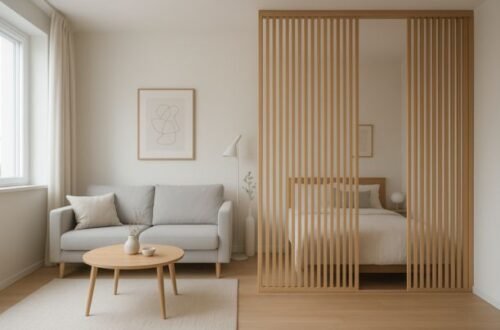 Modern small apartment with a wooden slat room divider separating the living and bedroom areas.