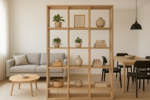 Open-back wooden bookshelf acting as a room divider in a modern open-concept living space.