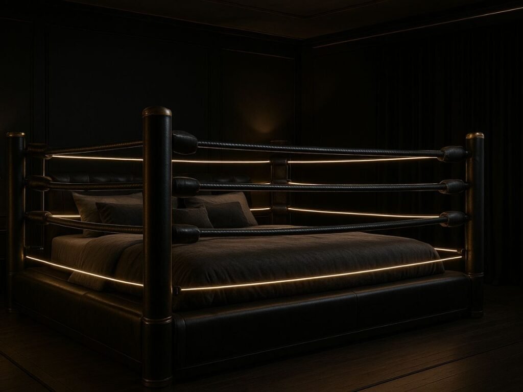Luxury boxing ring bed with leather corner posts, LED rope lighting, and premium modern bedroom decor.