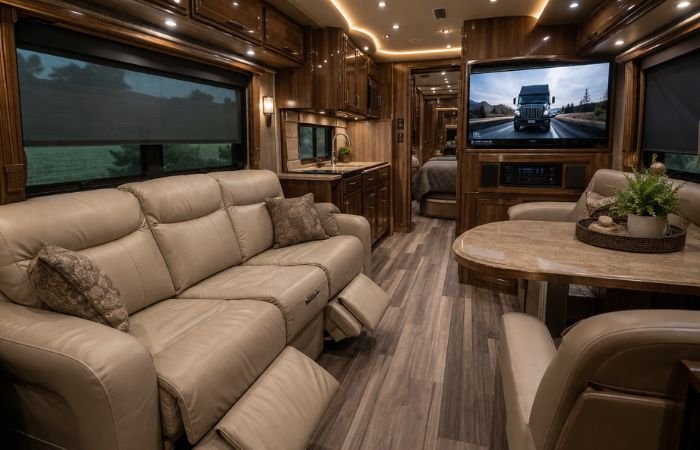 Luxury living room inside two bedroom super sleeper truck