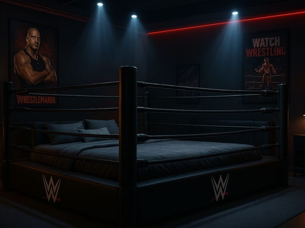WWE-themed boxing ring bed with black ropes, branded graphics, and wrestling-inspired bedroom décor.