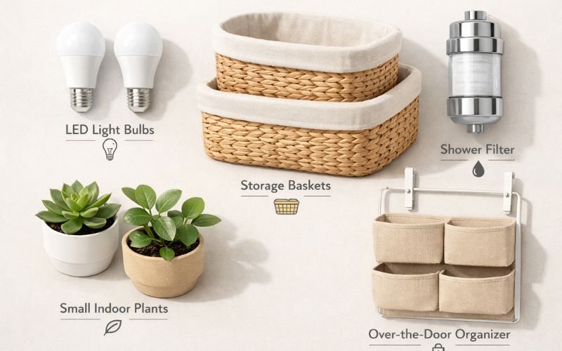 budget friendly home upgrades under $50 including LED bulbs storage baskets shower filter and indoor plants