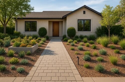Modern front yard landscaping with permeable walkway, native plants, succulents, and solar lighting for 2025 curb appeal.