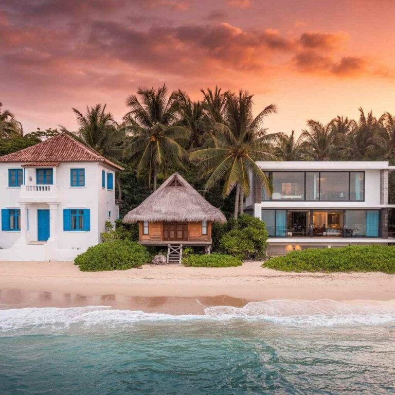 Panoramic view of diverse global beach house styles — Mediterranean villa, tropical Bali hut, and modern glass oceanfront home at sunset.