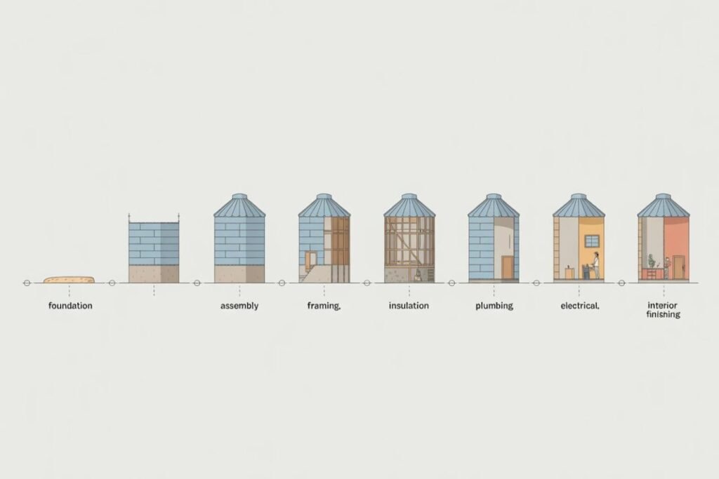 Infographic showing steps to build a grain bin house