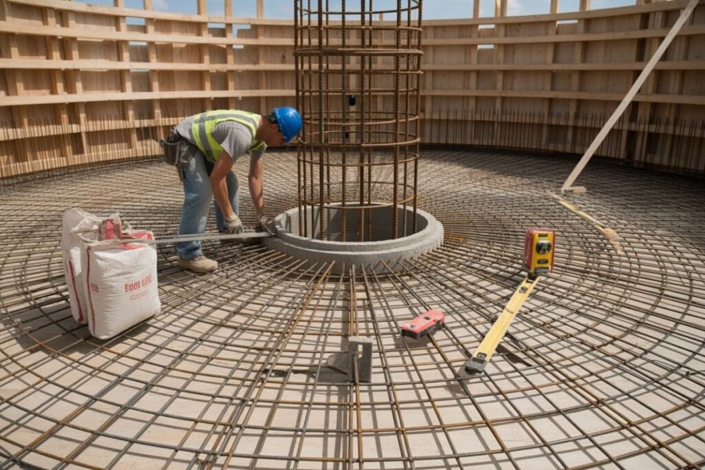 Circular concrete foundation being prepared for a grain bin house