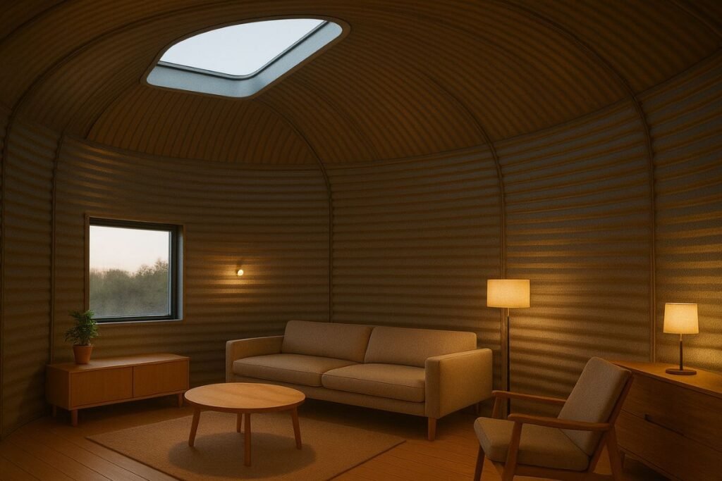 Modern finished interior of a grain bin house with curved metal walls