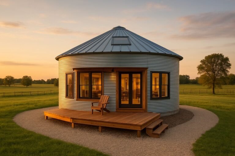 Modern grain bin house with large windows and wooden deck