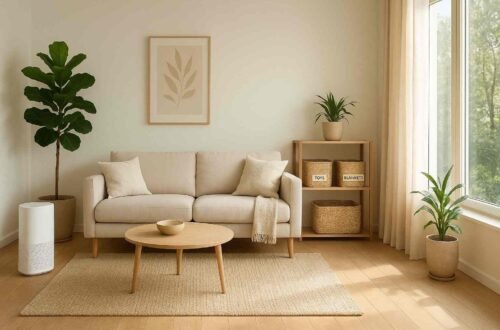 Modern healthy home interior with plants, clean layout, natural lighting, and organized living space.