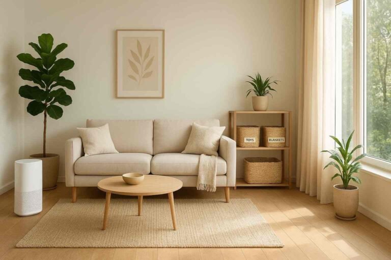 Modern healthy home interior with plants, clean layout, natural lighting, and organized living space.