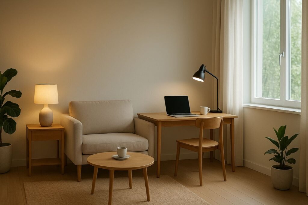 healthy home lighting setup 2025 Modern home with layered lighting including smart bulbs, warm lights, and natural daylight.