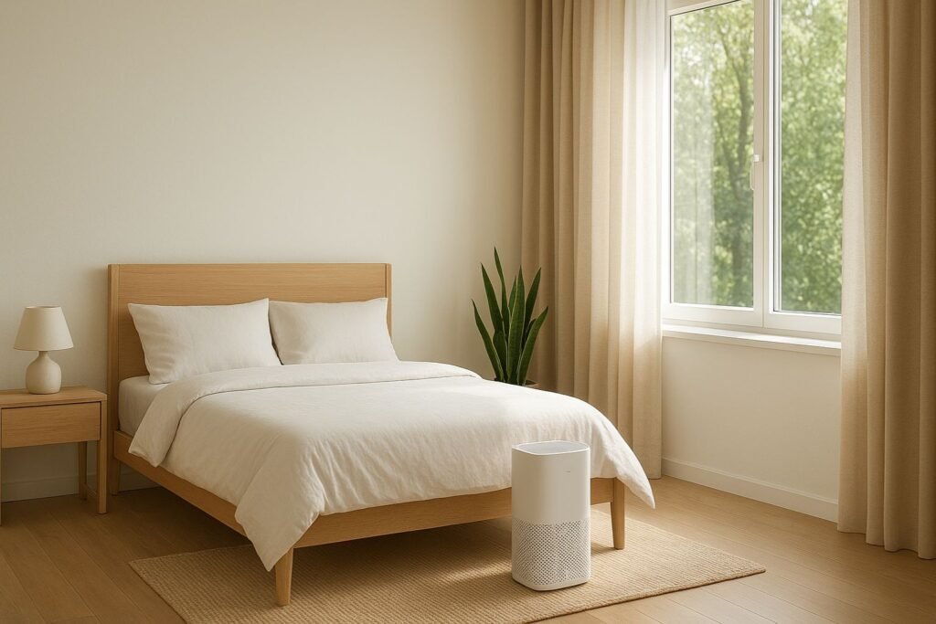 improving indoor air quality home 2025 Bedroom with air purifier, indoor plants, and open windows to improve indoor air quality.