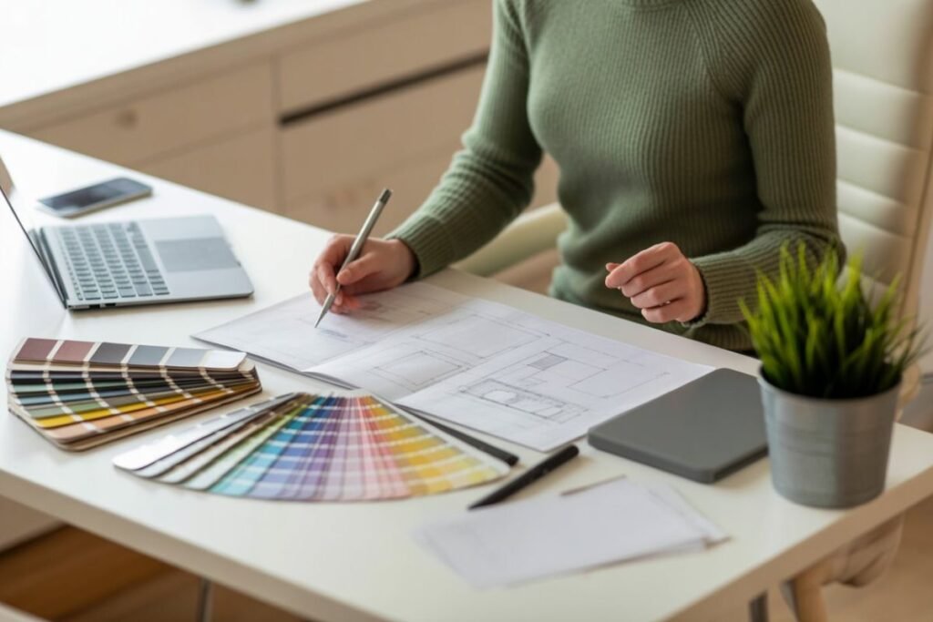 Interior designer using 3D design software and color swatches to plan a room layout.