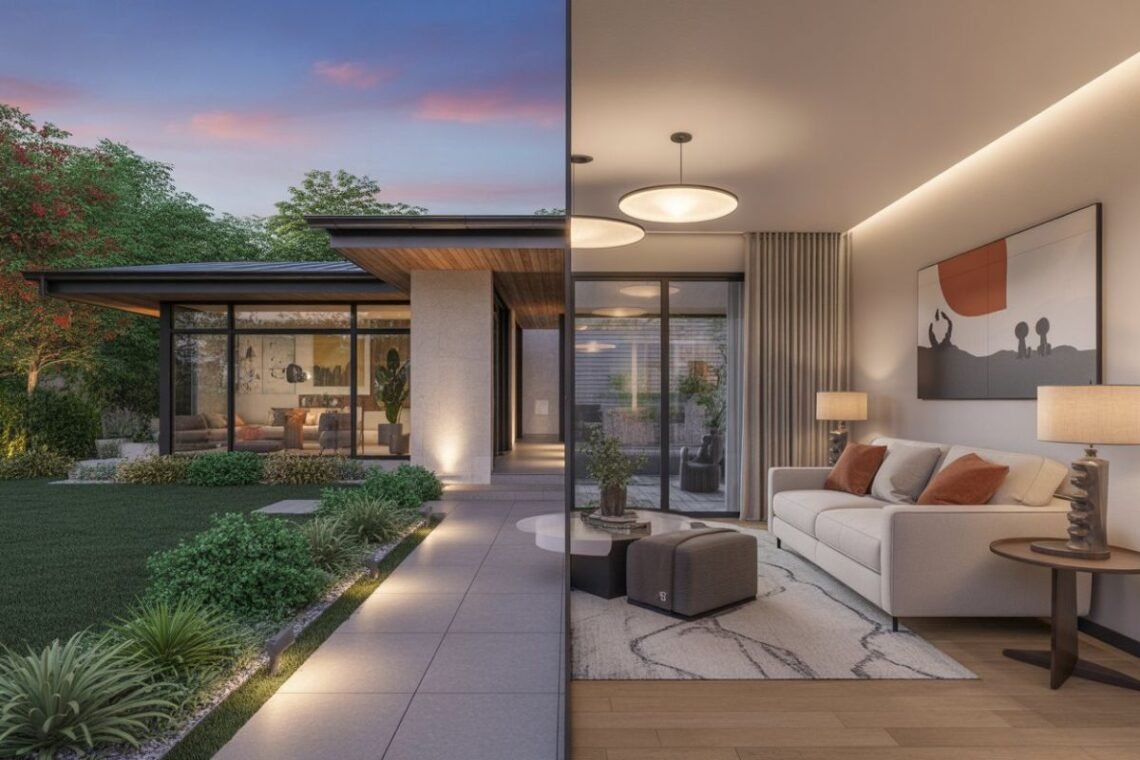 Split-view hero image showing a modern home with elegant exterior design featuring landscaping, facade, and outdoor lighting on one side, and a stylish, cozy interior space with contemporary furniture, lighting, and decor on the other side, highlighting harmony between interior and exterior design.