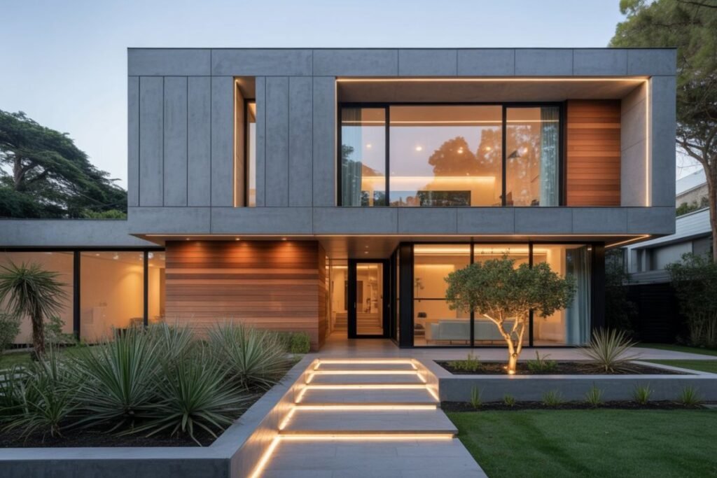 Contemporary home exterior with clean facade, landscaping, outdoor lighting, and architectural detailing.