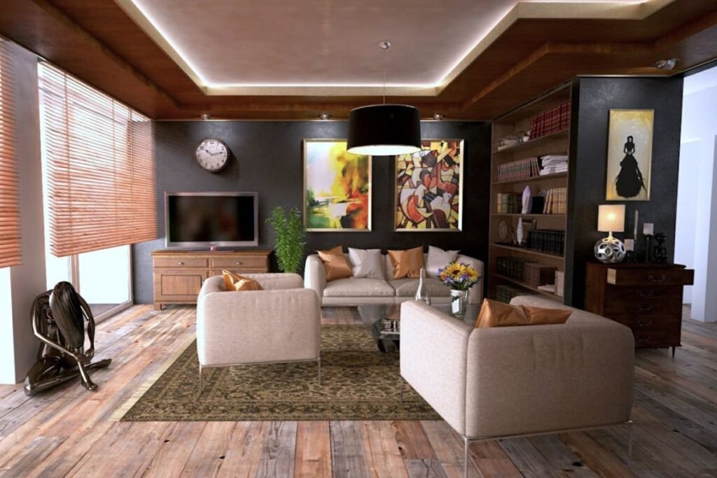 Modern interior design living room with elegant furniture, warm lighting, coordinated colors, and functional layout.