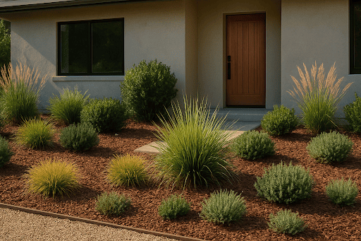 native-plants-ornamental-grasses-front-yard-2025 (1) Front yard with native plants and ornamental grasses in a modern low-maintenance landscape