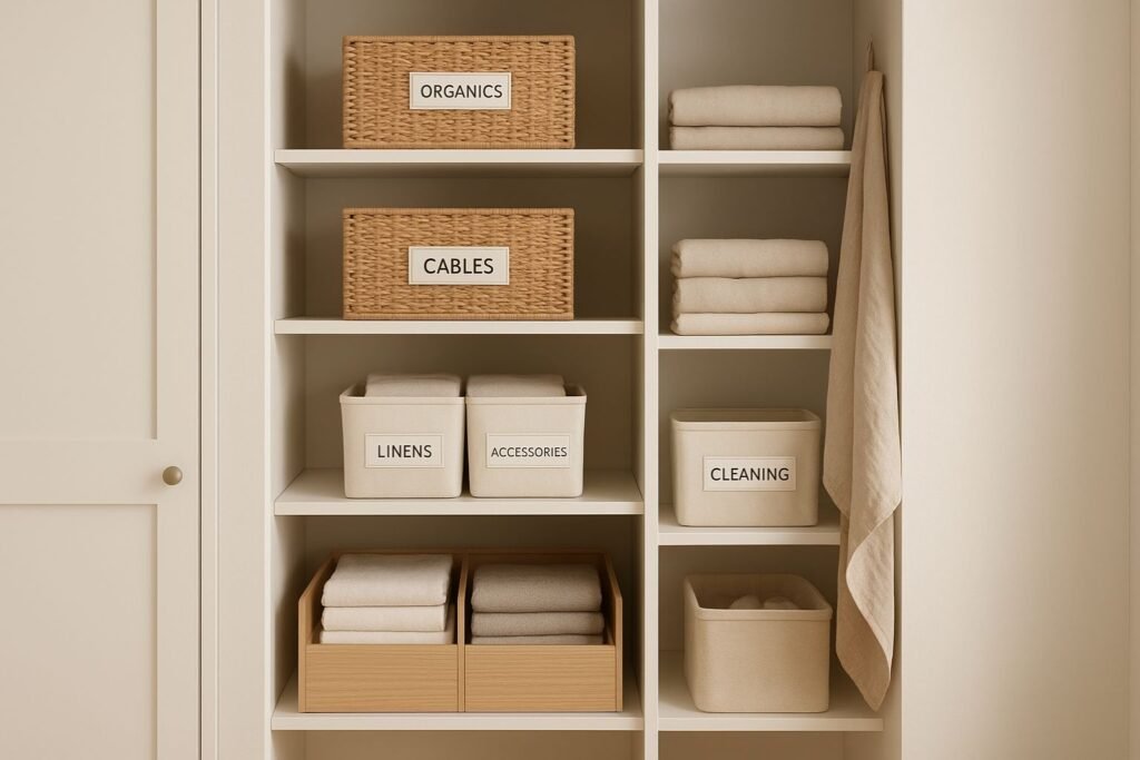 organized storage zones home 2025 Organized storage shelves with labels, baskets, and drawer dividers for a clutter-free home