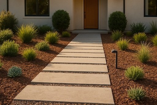 permeable-front-yard-pathway-gravel-pavers-2025 Permeable front yard pathway with gravel, pavers, native plants, and solar lights.