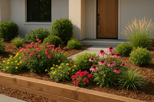 raised-flower-beds-front-yard-2025 Raised front yard flower bed with stone edging, shrubs, and seasonal plants