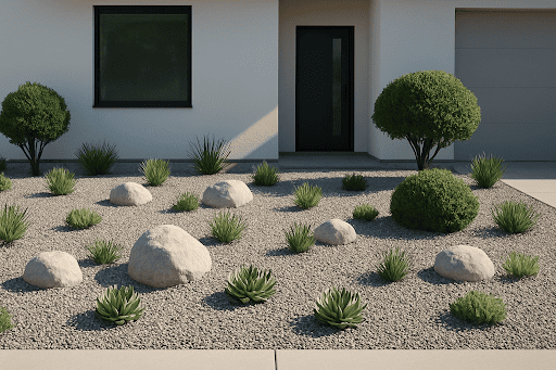 rock-garden-no-grass-front-yard-2025 (1) Minimalist front yard rock garden with gravel, succulents, and drought-tolerant plants.