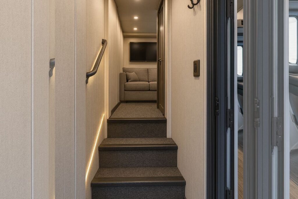 Super sleeper truck entryway with steps and LED lighting