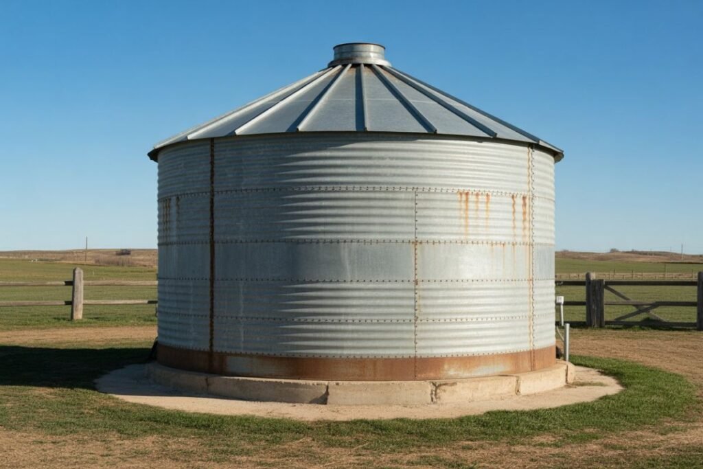 Original metal grain bin on a farm before conversion