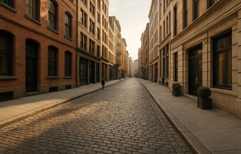 Tribeca street with cobblestones and luxury loft buildings known for celebrity residences.