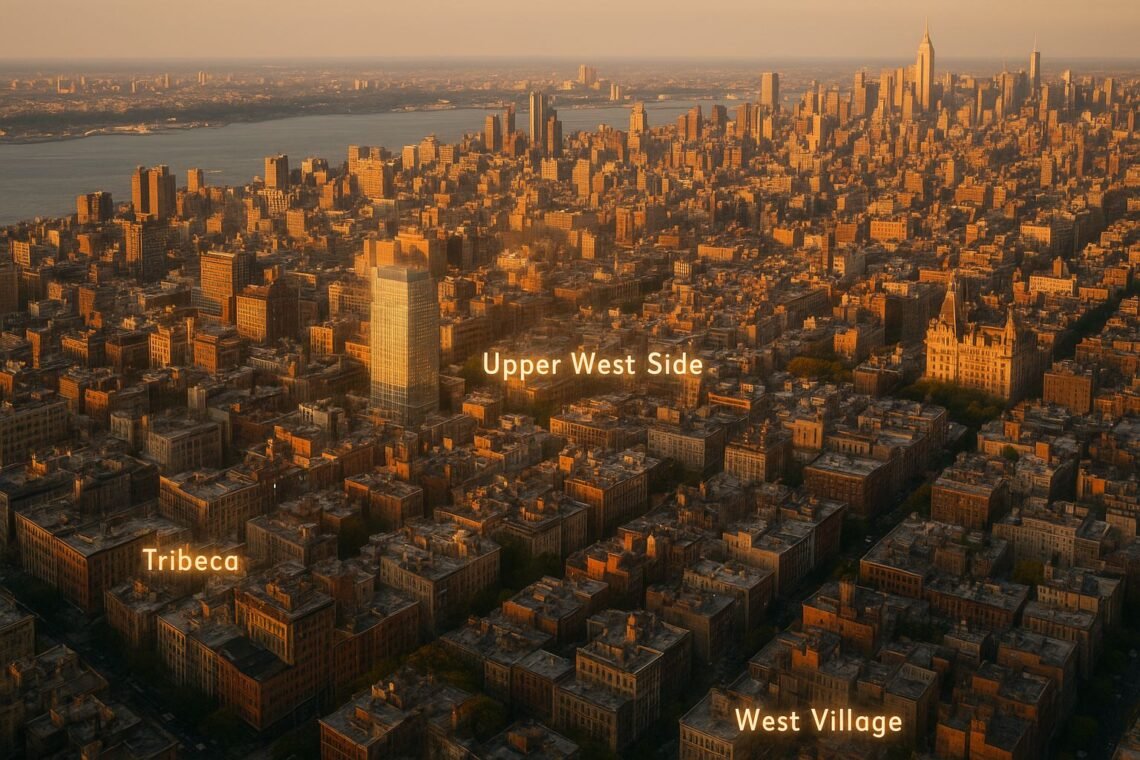 Tribeca street with cobblestones and luxury loft buildings known for celebrity residences.