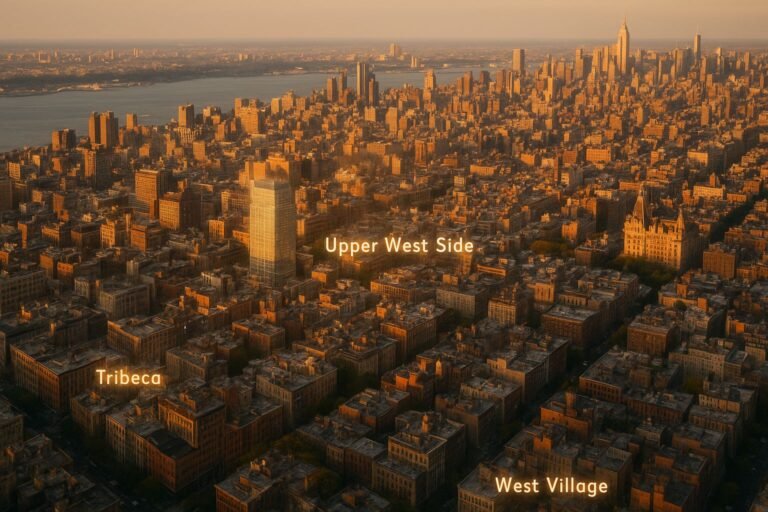 Tribeca street with cobblestones and luxury loft buildings known for celebrity residences.