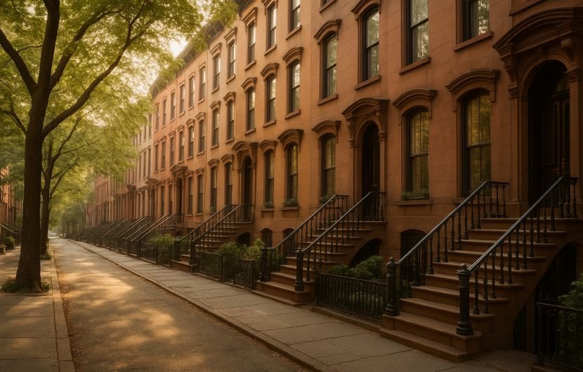West Village brownstone homes on a quiet, tree-lined residential street.