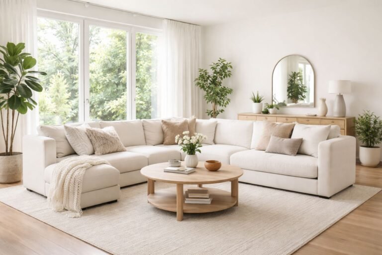 Beautifully styled living room with balanced furniture, neutral colours, and modern decor