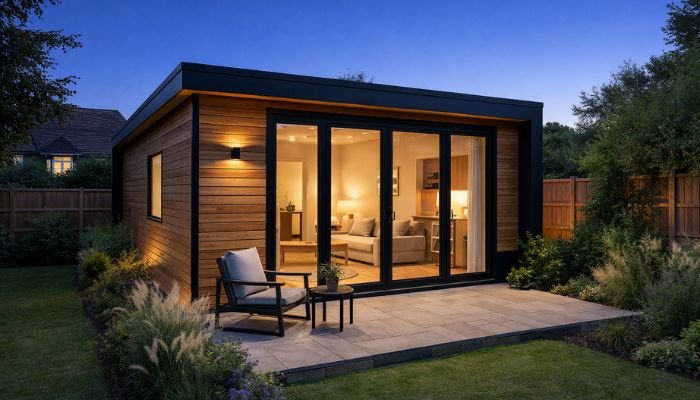 Detached backyard studio extension ADU with modern glass design