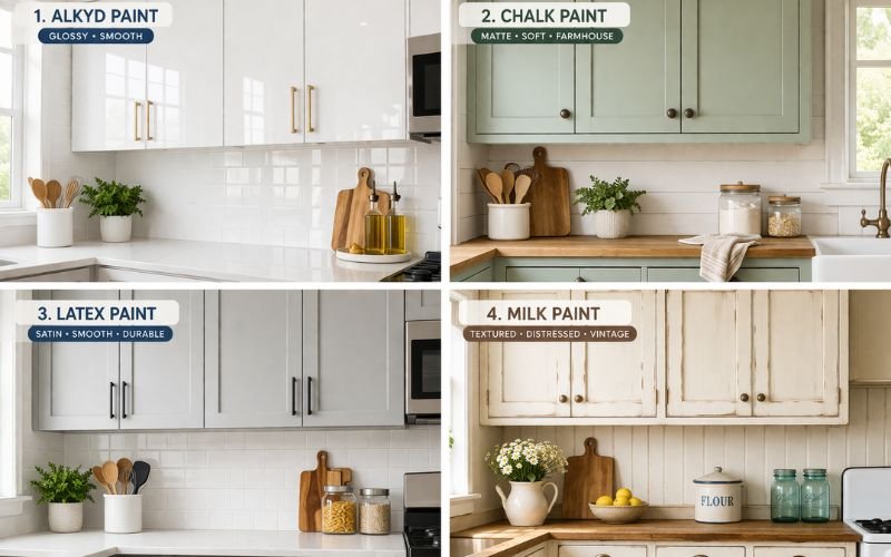 different cabinet paint finishes including alkyd latex chalk and milk paint styles