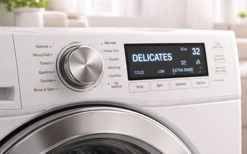 washing machine set to delicate cycle with cold water for blanket care
