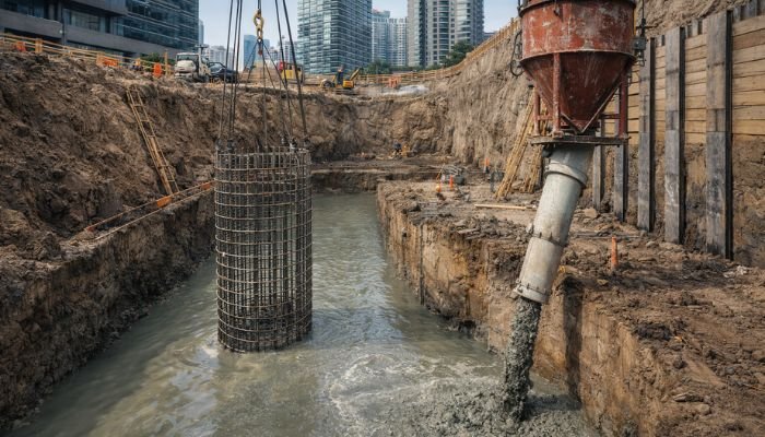 Diaphragm wall construction using slurry trench method for deep excavation