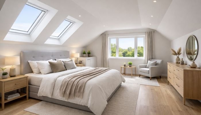 Loft dormer extension bedroom with built-in storage and skylights
