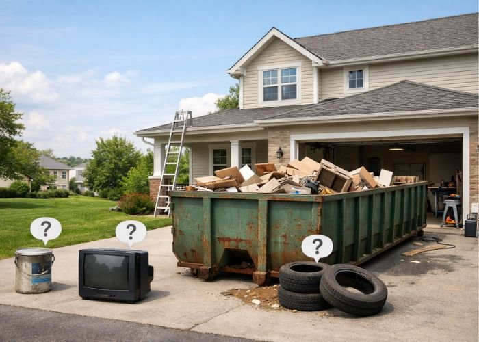 roll off dumpster in driveway with home renovation debris