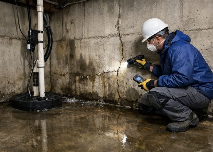 Basement wall with water leaks, cracks, and waterproofing inspection