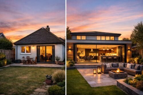 Modern house extension before and after transformation with rear glass addition